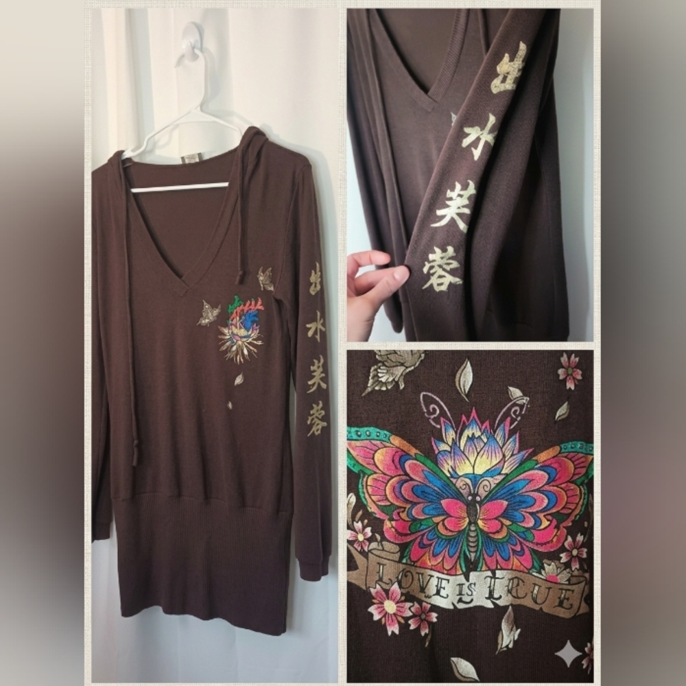 Dots Y2K Asian Print Long Length Hoodie Sweater Medium Butterfly Fairy Grunge